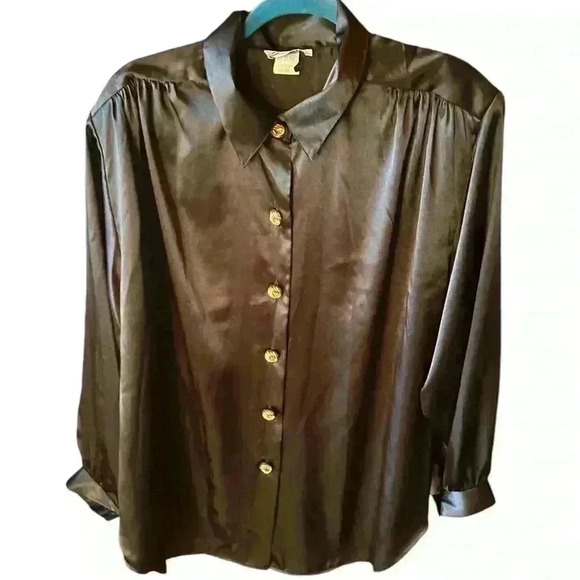 Vintage black satin long sleeve blouse size 20 W by Joanna USA.Gold knot buttons - Picture 1 of 12
